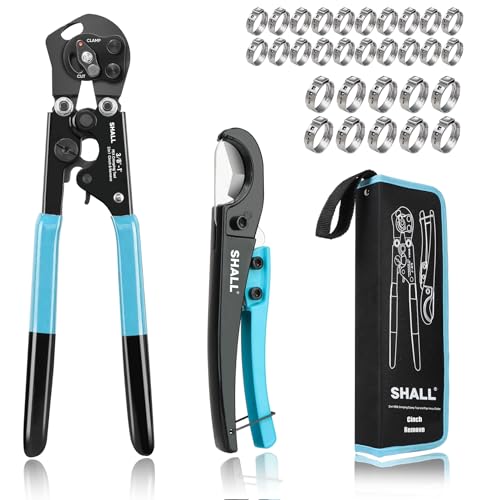 SHALL 2-IN-1 Pex Crimping Clamp Cinch & Remove Tool with Pipe Hose Cutter, Pex Pipe Fitting Crimper Tool Kit for 3/8" to 1" Stainless Steel Clamps Including 20pcs 1/2", 10pcs 3/4" Clamps & Storage Bag - Image 1