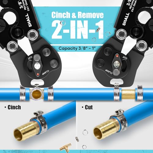 SHALL 2-IN-1 Pex Crimping Clamp Cinch & Remove Tool with Pipe Hose Cutter, Pex Pipe Fitting Crimper Tool Kit for 3/8" to 1" Stainless Steel Clamps Including 20pcs 1/2", 10pcs 3/4" Clamps & Storage Bag - Image 2