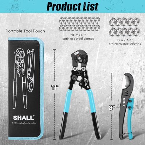 SHALL 2-IN-1 Pex Crimping Clamp Cinch & Remove Tool with Pipe Hose Cutter, Pex Pipe Fitting Crimper Tool Kit for 3/8" to 1" Stainless Steel Clamps Including 20pcs 1/2", 10pcs 3/4" Clamps & Storage Bag - Image 4