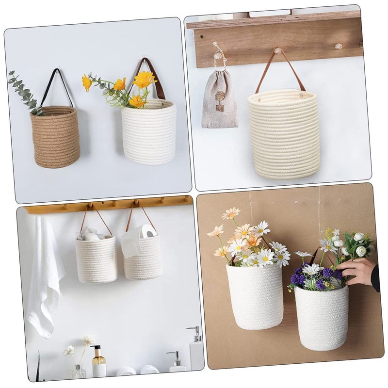 White Cotton Rope Storage Basket Wall Hanging Home Decor For Kitchen Flowers - Image 5