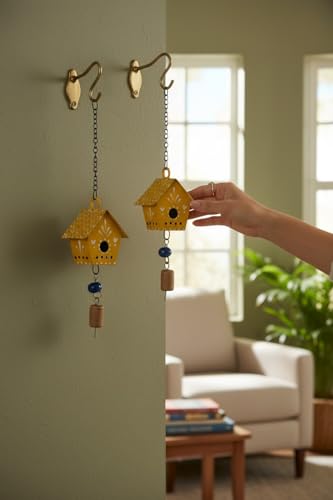 WARMINGO DE 2 Pc Hut Wall Hanging Decor | Garden Tree Hanging Bells Decoration | Handpainted Hanging Ornaments for Home Living Room Wind Chime (Yellow) - Image 4