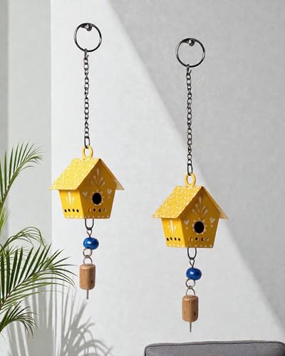 WARMINGO DE 2 Pc Hut Wall Hanging Decor | Garden Tree Hanging Bells Decoration | Handpainted Hanging Ornaments for Home Living Room Wind Chime (Yellow) - Image 1