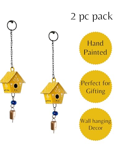 WARMINGO DE 2 Pc Hut Wall Hanging Decor | Garden Tree Hanging Bells Decoration | Handpainted Hanging Ornaments for Home Living Room Wind Chime (Yellow) - Image 5