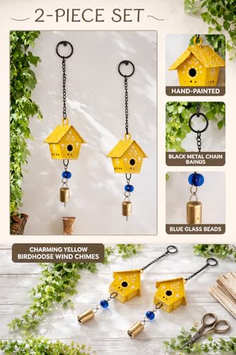 WARMINGO DE 2 Pc Hut Wall Hanging Decor | Garden Tree Hanging Bells Decoration | Handpainted Hanging Ornaments for Home Living Room Wind Chime (Yellow) - Image 3