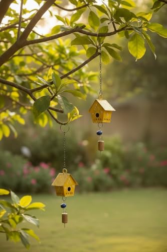 WARMINGO DE 2 Pc Hut Wall Hanging Decor | Garden Tree Hanging Bells Decoration | Handpainted Hanging Ornaments for Home Living Room Wind Chime (Yellow) - Image 2