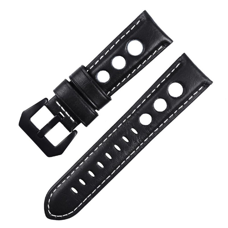 erorex 24Mm Three-Hole Breathable Genuine Leather Watch Band(Black) - Image 1