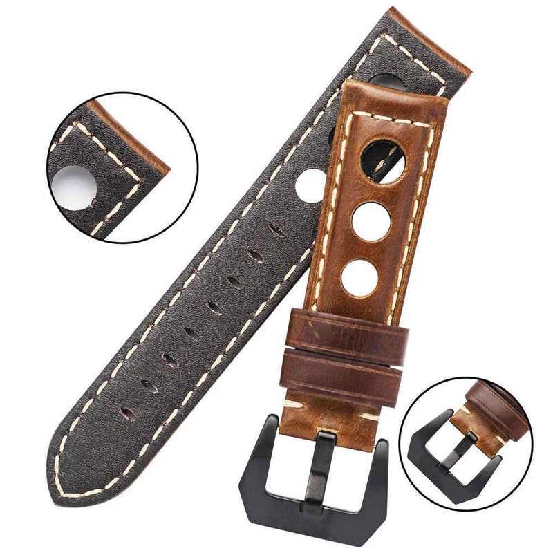 erorex 24Mm Three-Hole Breathable Genuine Leather Watch Band(Black) - Image 5
