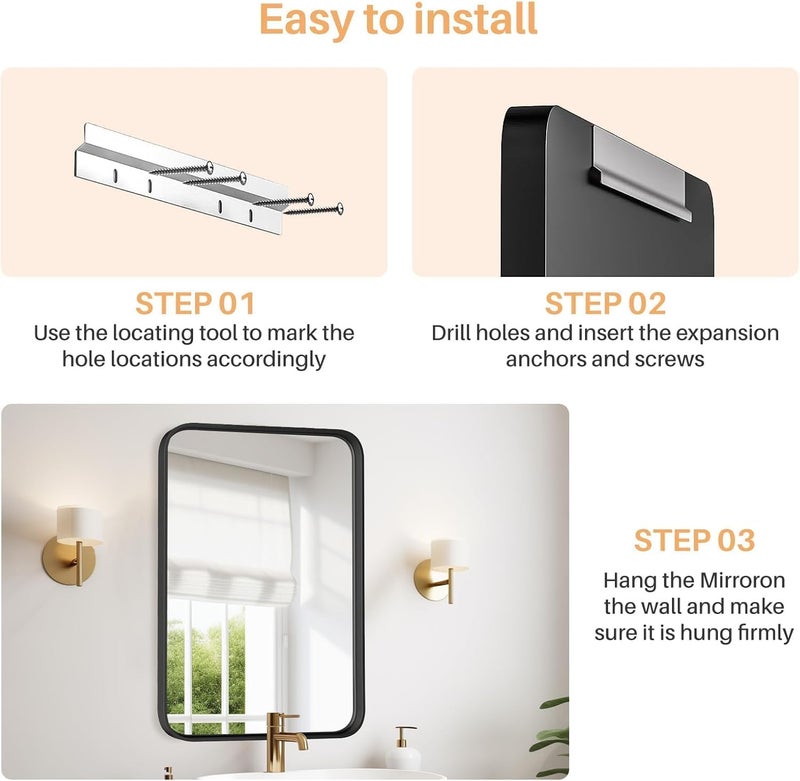Atilioo Bathroom Mirror for Wall, 30x22 Inch Rectangle Mirror, Matte Black Metal Framed Bathroom Vanity Mirror for Restroom Farmhouse, Anti-Rust, Tempered Glass, Horizontally or Vertically Hanging - Image 4