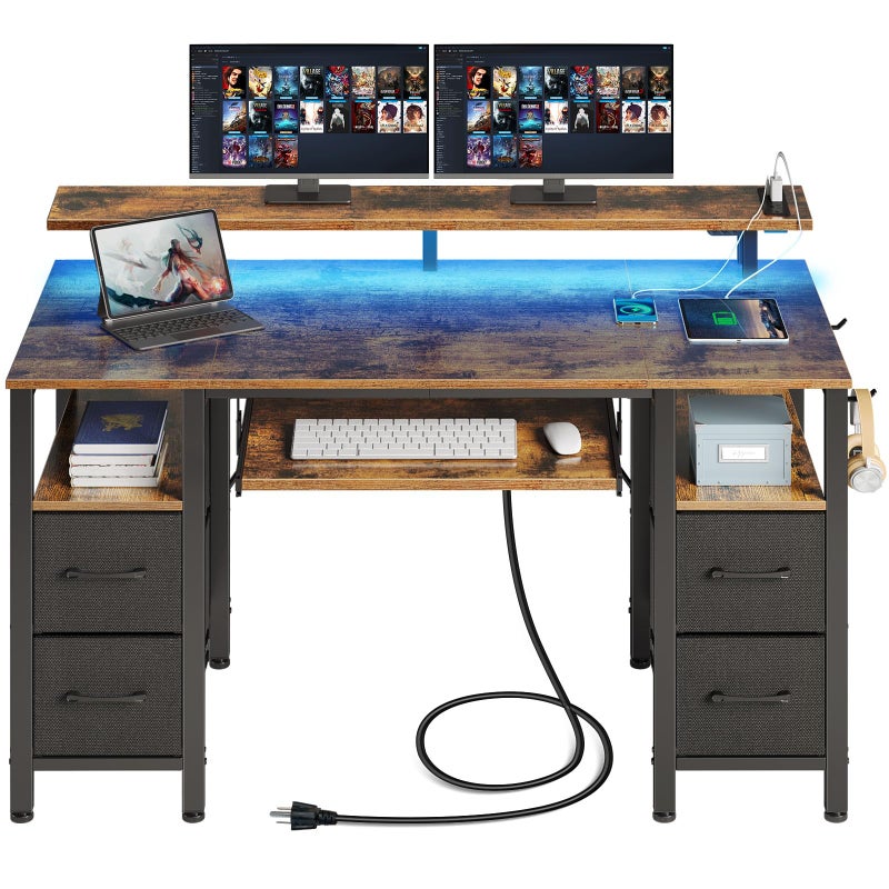 Seventable Computer Desk 551 with LED Lights  Power Outlets Home Office Desk with 4 Drawers Writing Desk with Keyboard Tray Study Table with Monitor Stand Work Table for Office Rustic Brown