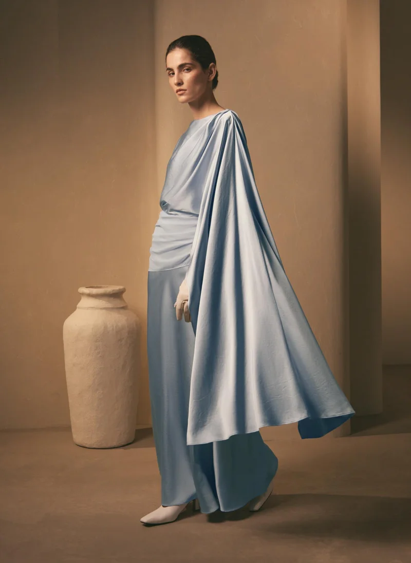 Lichi Satin maxi floor-length dress with asymmetrical drapery on the bodice
