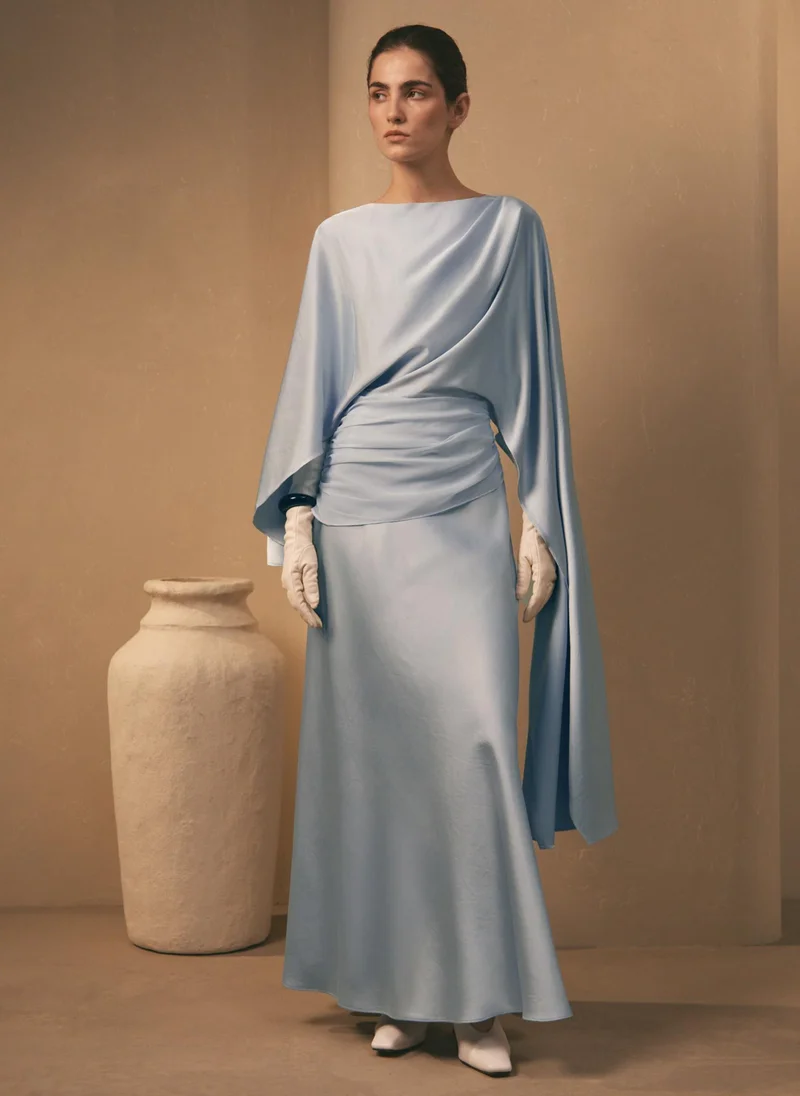 Lichi Satin maxi floor-length dress with asymmetrical drapery on the bodice