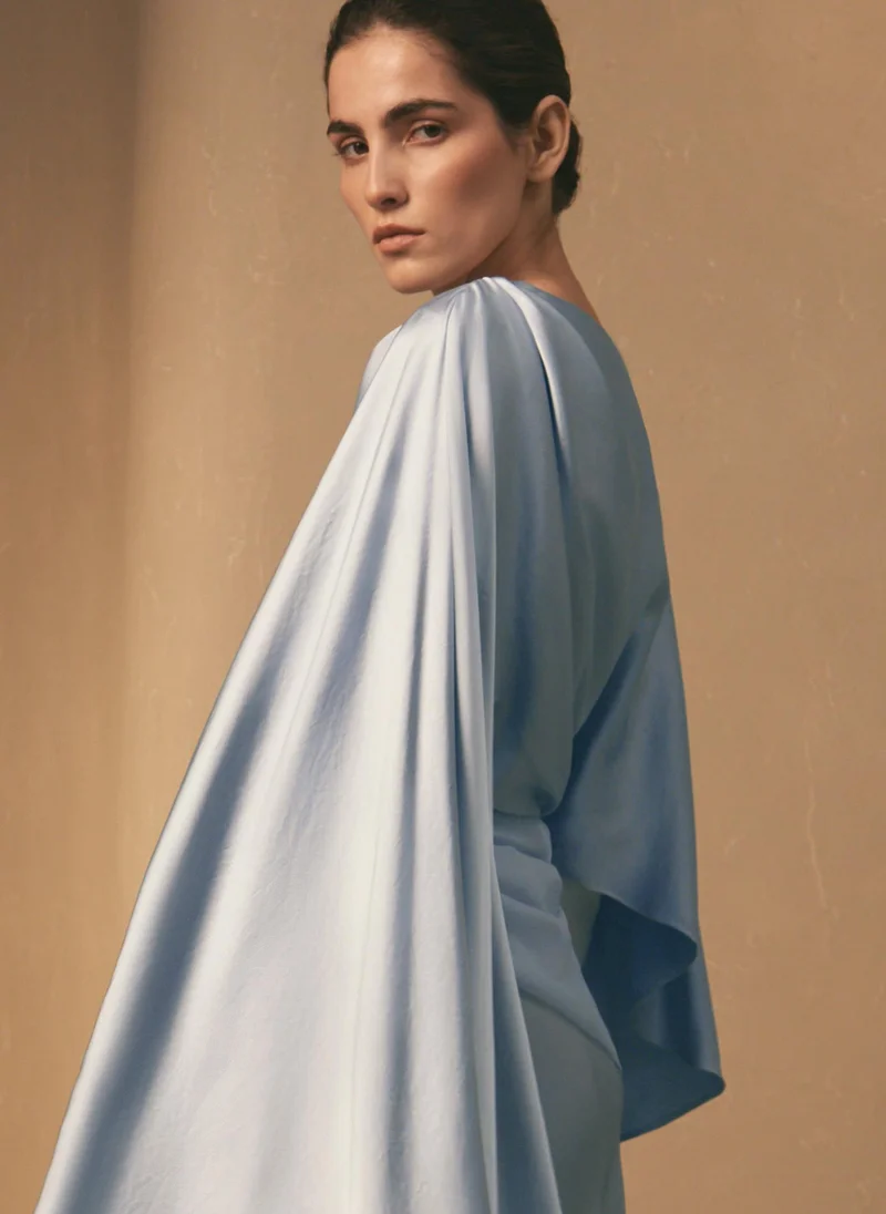 Lichi Satin maxi floor-length dress with asymmetrical drapery on the bodice