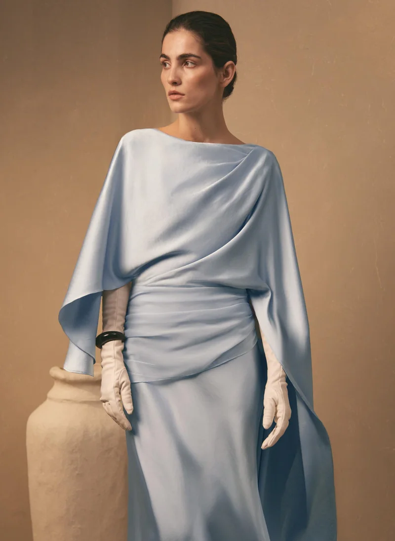 Lichi Satin maxi floor-length dress with asymmetrical drapery on the bodice