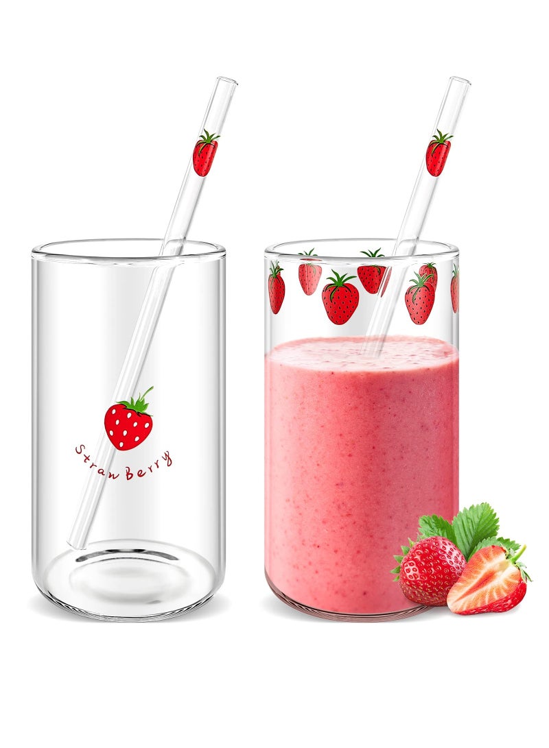 KASTWAVE 2 Sets Of Strawberry Cup Glasses With Straw Lovely Glass Roller Juice Water Milk Coffee Cup - Image 1