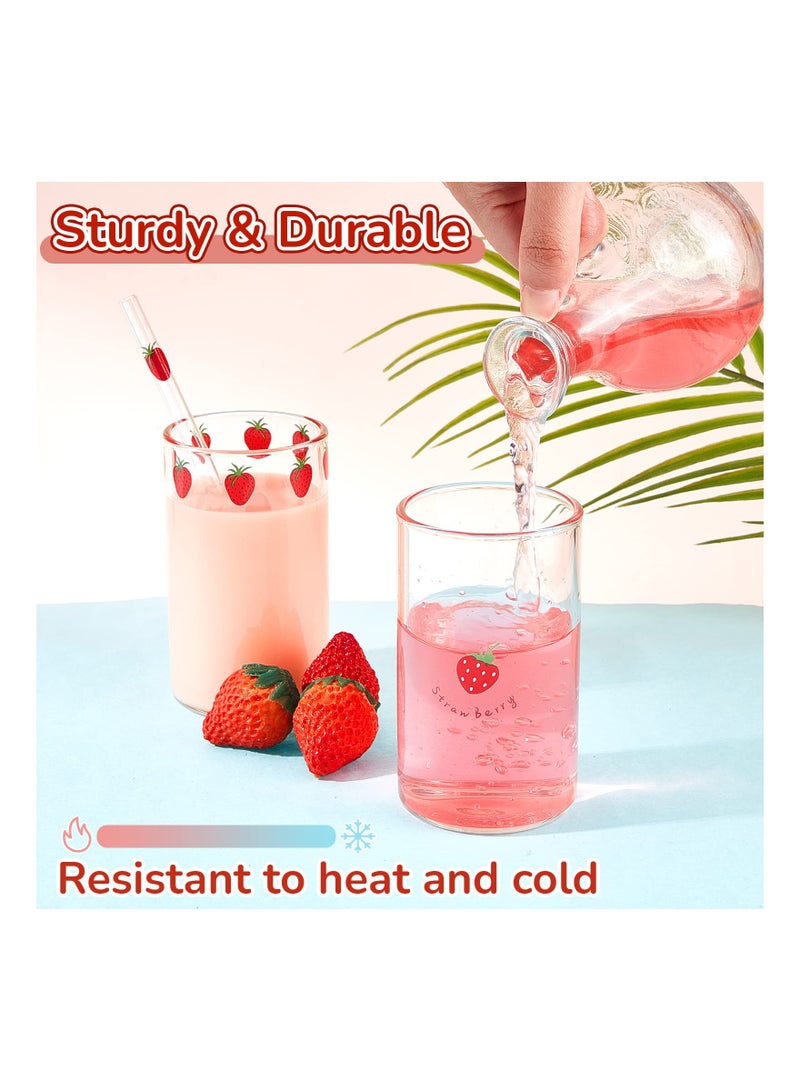 KASTWAVE 2 Sets Of Strawberry Cup Glasses With Straw Lovely Glass Roller Juice Water Milk Coffee Cup - Image 2