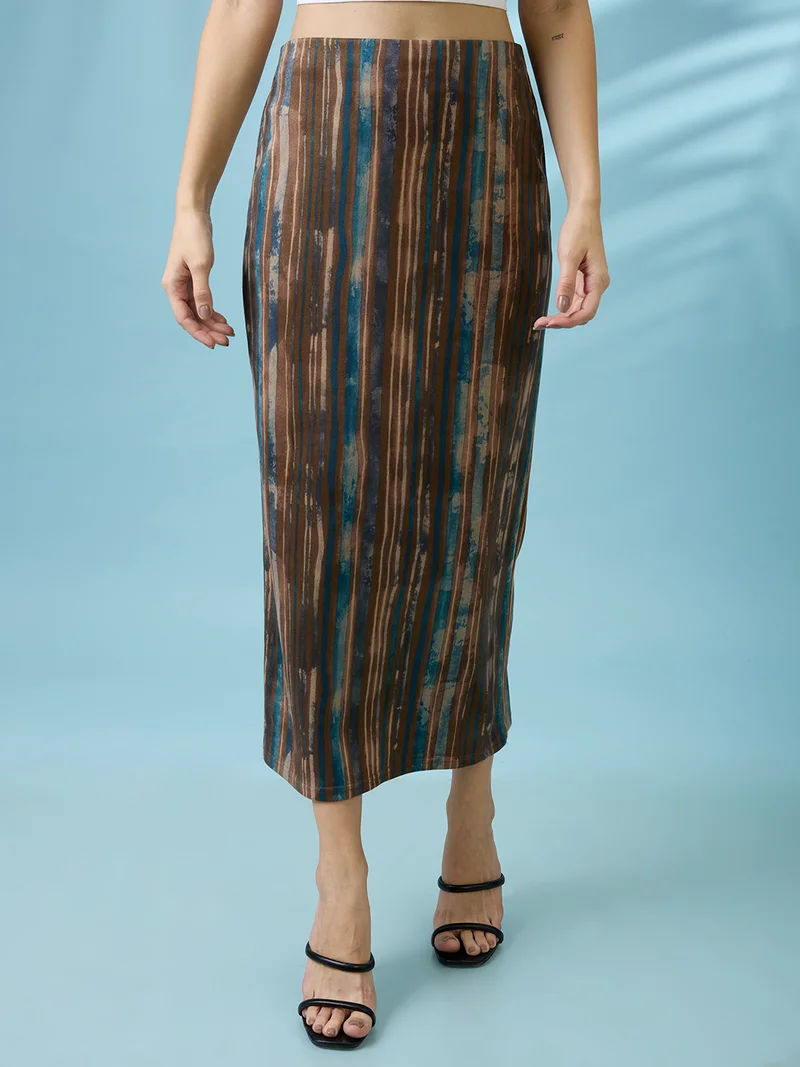 جلو باص جوبس تنورة نسائية متوسطة الطول مطبوعة بألوان متعددة وخصر مرتفع وقصة خلفية