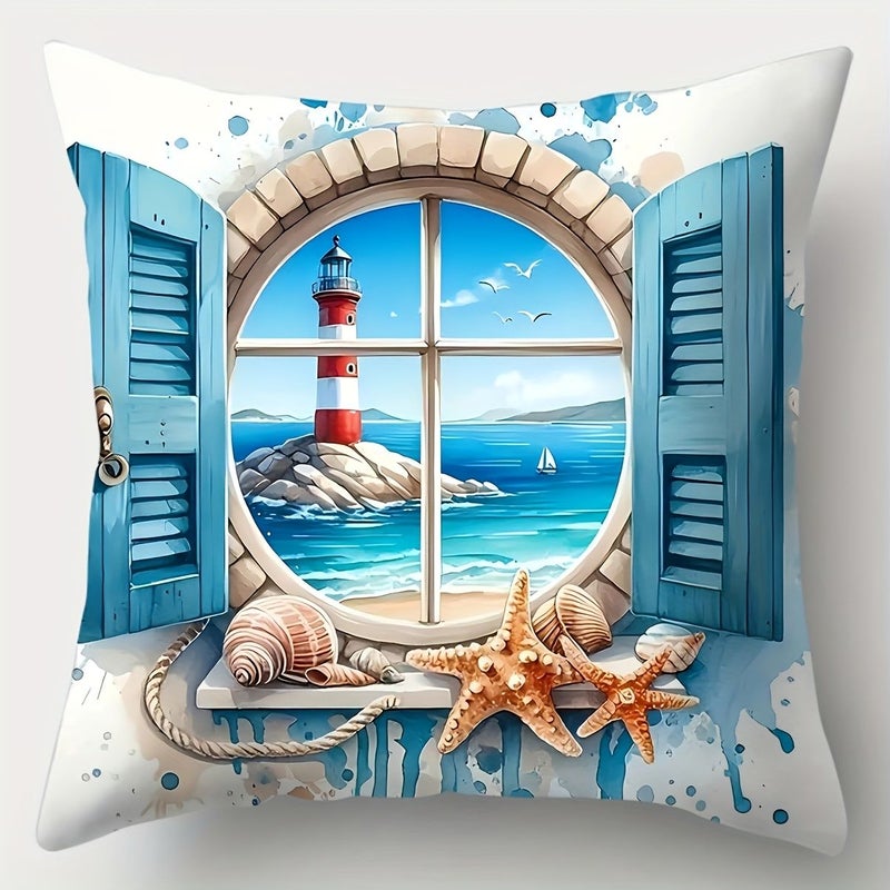 4pcs Beach Scene Relaxation Theme Pillow Covers Featuring Starfish Seashell And Beach Bike Patterns Modern Style Square Double Sided Print Zipper Closure Hand Washable Polyester Living Room Sofa Home Decor 17.7x17.7 Inch - Image 4