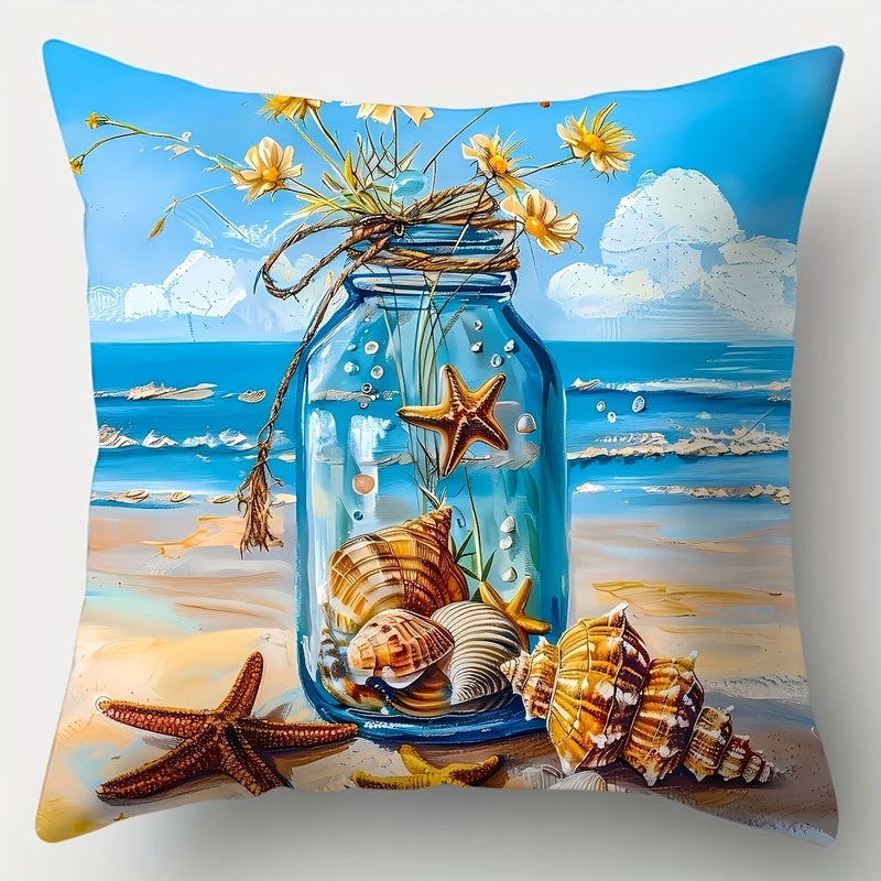 4pcs Beach Scene Relaxation Theme Pillow Covers Featuring Starfish Seashell And Beach Bike Patterns Modern Style Square Double Sided Print Zipper Closure Hand Washable Polyester Living Room Sofa Home Decor 17.7x17.7 Inch - Image 2