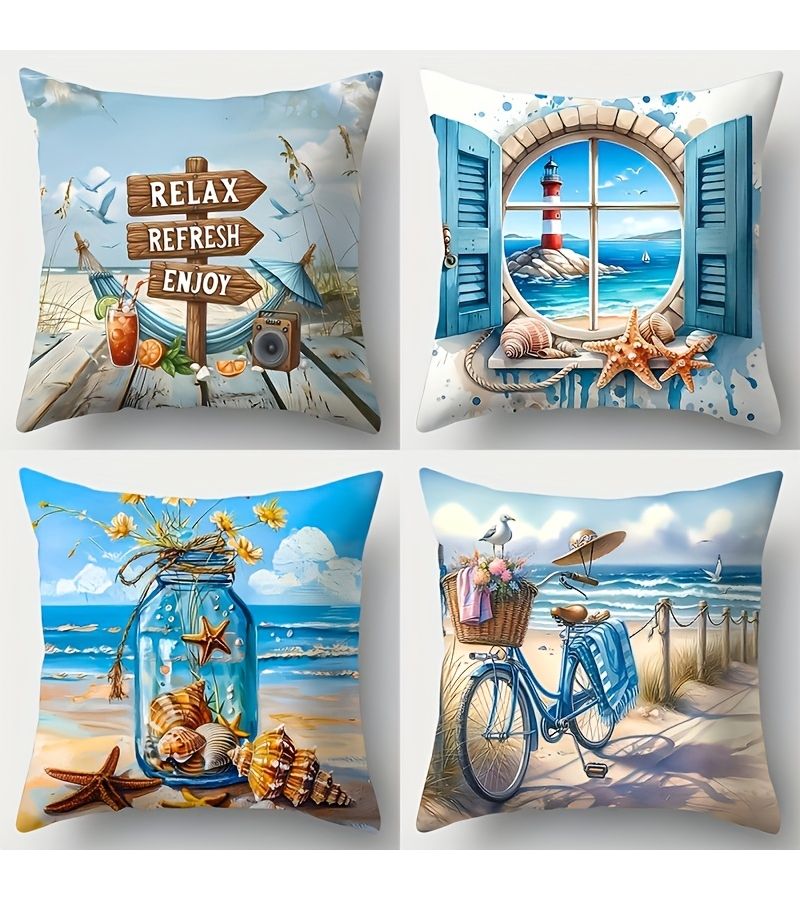 4pcs Beach Scene Relaxation Theme Pillow Covers Featuring Starfish Seashell And Beach Bike Patterns Modern Style Square Double Sided Print Zipper Closure Hand Washable Polyester Living Room Sofa Home Decor 17.7x17.7 Inch - Image 1