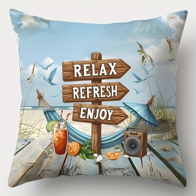 4pcs Beach Scene Relaxation Theme Pillow Covers Featuring Starfish Seashell And Beach Bike Patterns Modern Style Square Double Sided Print Zipper Closure Hand Washable Polyester Living Room Sofa Home Decor 17.7x17.7 Inch - Image 5