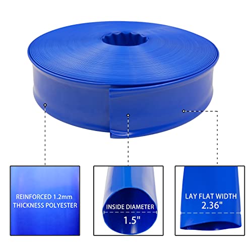 Poolvio 1-1/2" x 100' Professional Blue Backwash Hose with Clamps, General Purpose Reinforced PVC Lay-Flat Water Discharge Hose,for Use While Back-Washing Filters and Draining Pools - Image 4