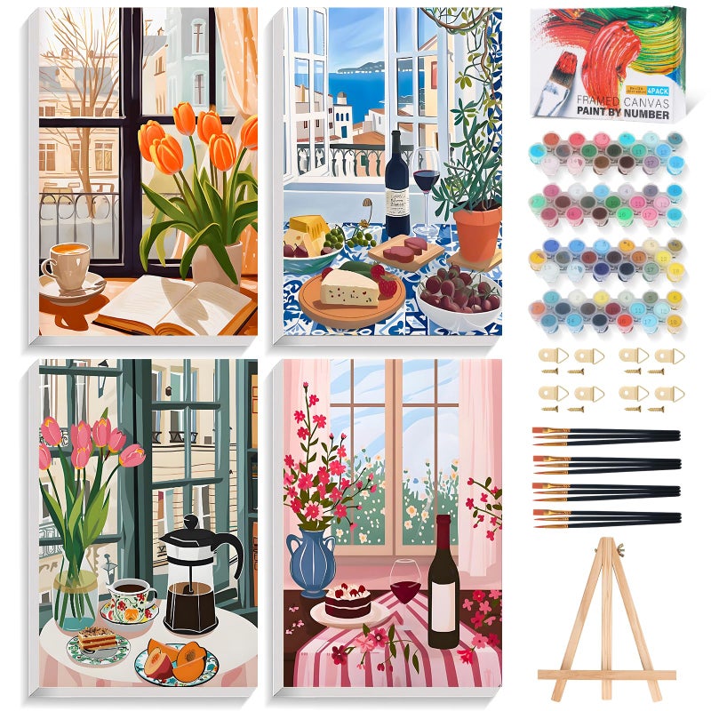 Okarina 4 Pack Paint by Numbers Kit for Adults with Frame Window Scenery, Framed Paint by Number for Adults Beginner with Wooden Easel, Coffee DIY Painting by Numbers Canvas Framed for Home Decor 8 x 12 Inch - Image 1