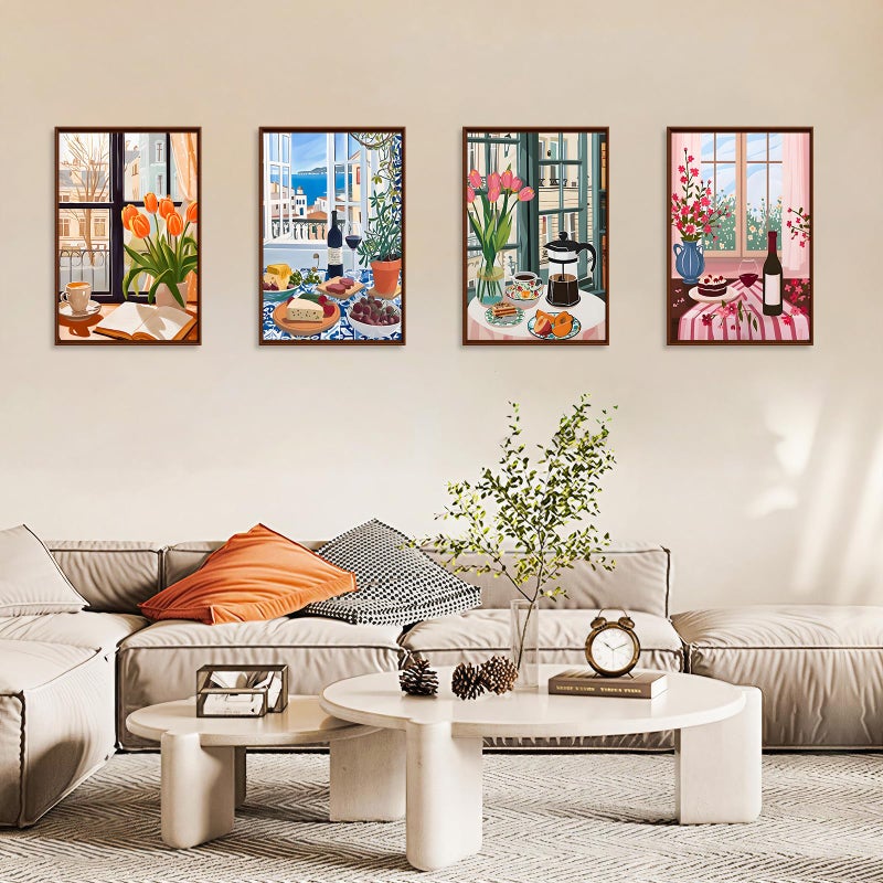 Okarina 4 Pack Paint by Numbers Kit for Adults with Frame Window Scenery, Framed Paint by Number for Adults Beginner with Wooden Easel, Coffee DIY Painting by Numbers Canvas Framed for Home Decor 8 x 12 Inch - Image 4
