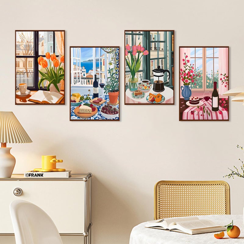 Okarina 4 Pack Paint by Numbers Kit for Adults with Frame Window Scenery, Framed Paint by Number for Adults Beginner with Wooden Easel, Coffee DIY Painting by Numbers Canvas Framed for Home Decor 8 x 12 Inch - Image 3