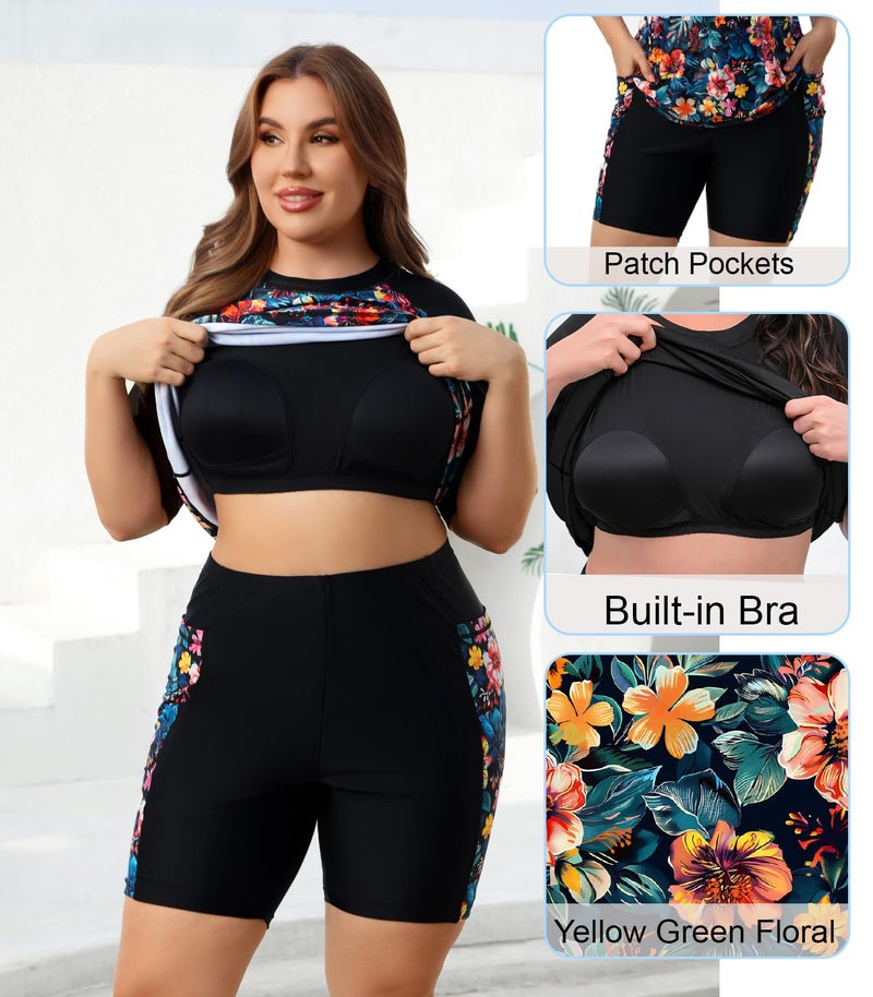 Halcurt Curvy Women Sunscreen Swimwear with Built in Bra Two Piece Swimsuit Shorts and Shirt Rashguard Floral 2X - Image 5