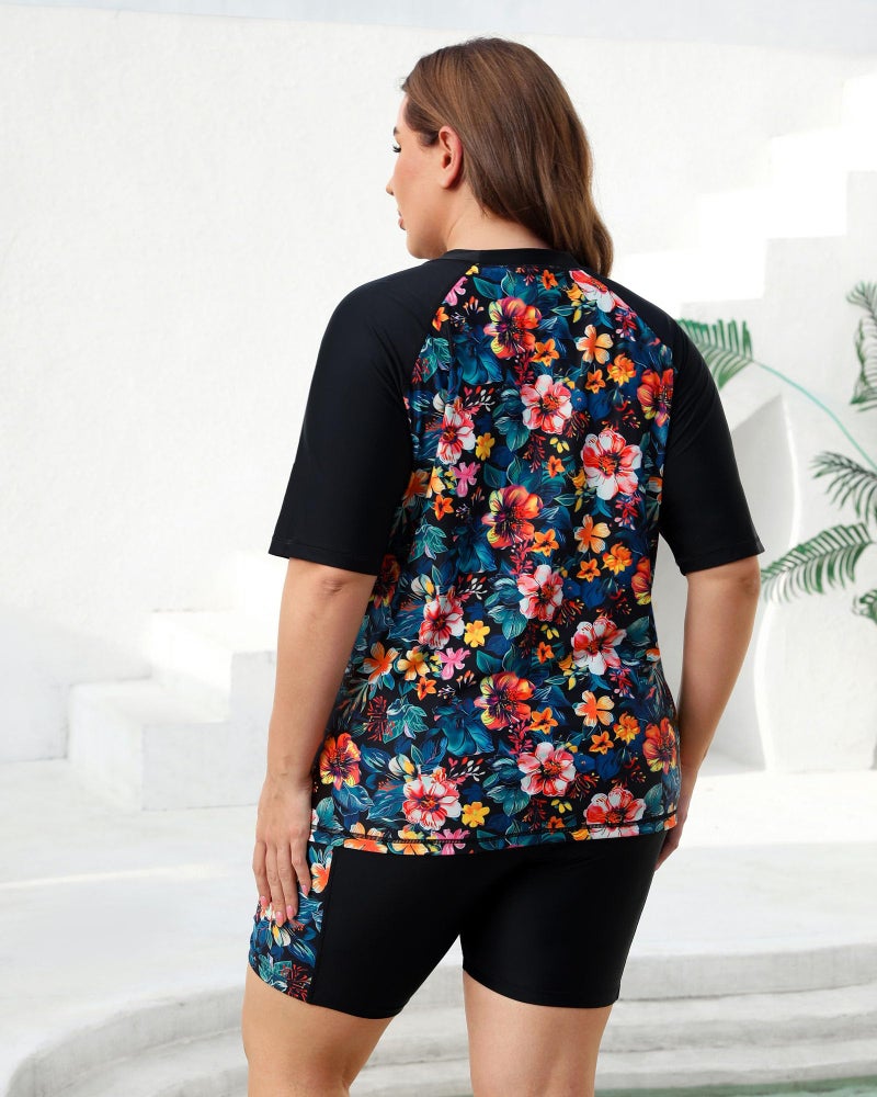 Halcurt Curvy Women Sunscreen Swimwear with Built in Bra Two Piece Swimsuit Shorts and Shirt Rashguard Floral 2X - Image 2