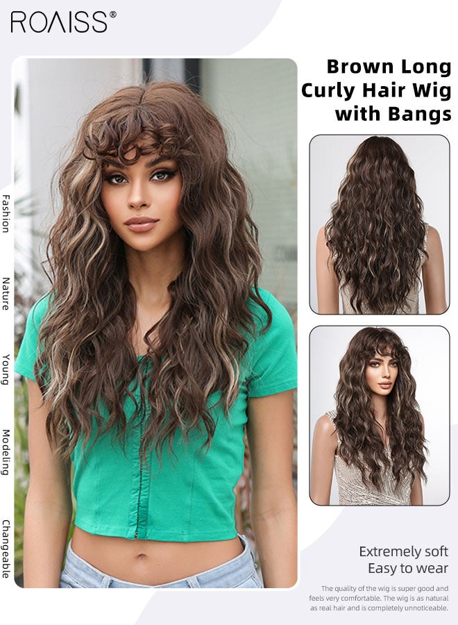 roaiss Brown Long Curly Hair Wig, Women's Middle Parting Natural Soft Synthetic Heat Resistant Hair Wig with Bangs for Wedding Cosplay Party Daily Wear, 61cm (24 inches) - Image 1