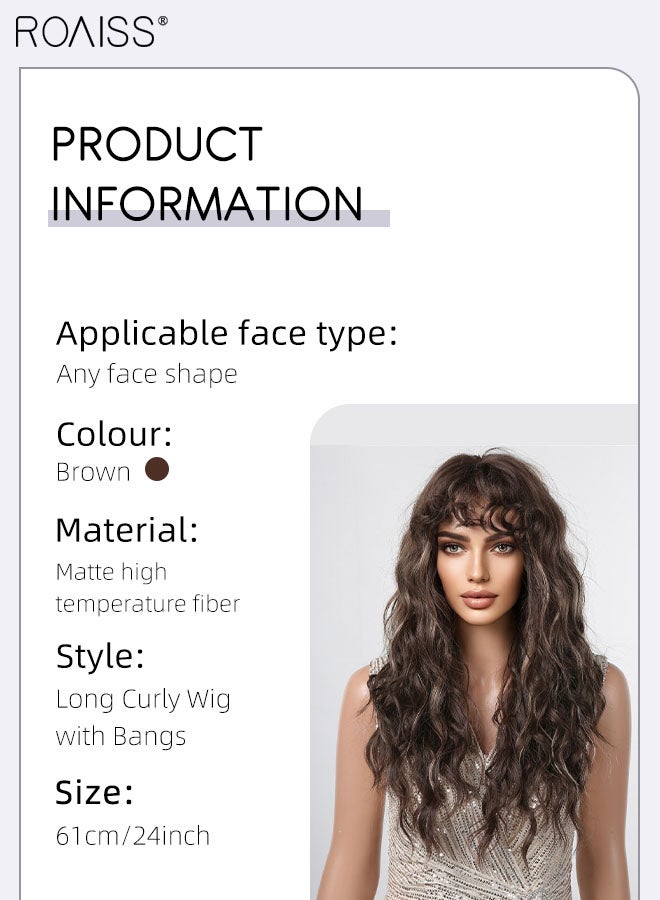 roaiss Brown Long Curly Hair Wig, Women's Middle Parting Natural Soft Synthetic Heat Resistant Hair Wig with Bangs for Wedding Cosplay Party Daily Wear, 61cm (24 inches) - Image 3