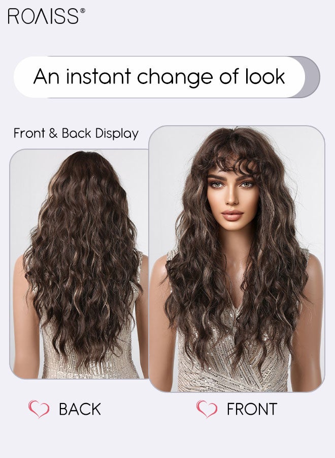 roaiss Brown Long Curly Hair Wig, Women's Middle Parting Natural Soft Synthetic Heat Resistant Hair Wig with Bangs for Wedding Cosplay Party Daily Wear, 61cm (24 inches) - Image 2