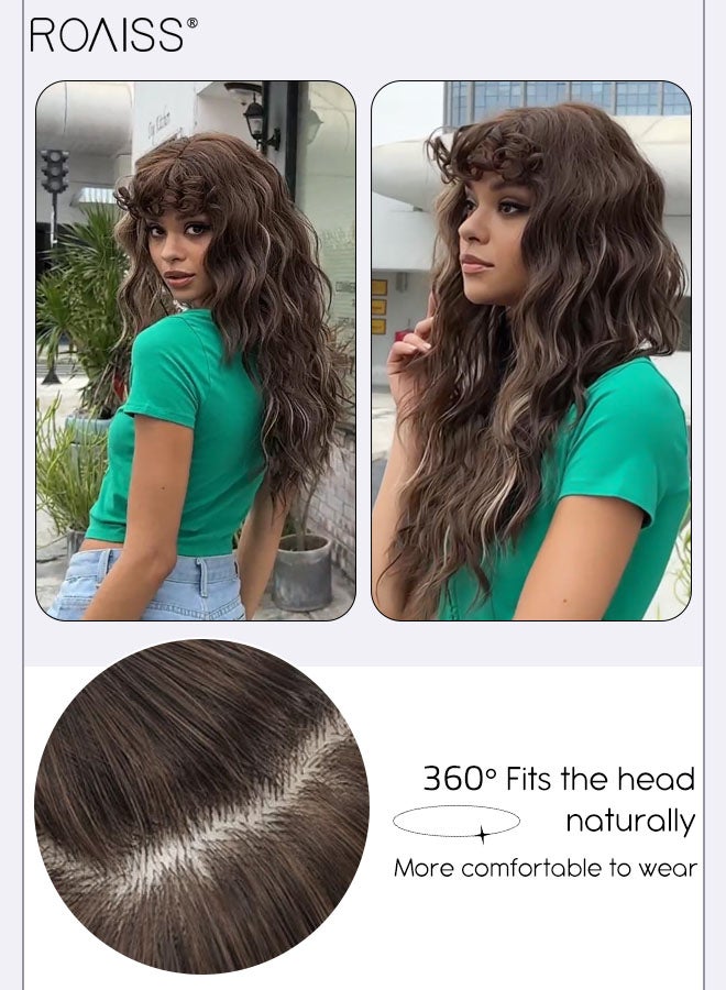 roaiss Brown Long Curly Hair Wig, Women's Middle Parting Natural Soft Synthetic Heat Resistant Hair Wig with Bangs for Wedding Cosplay Party Daily Wear, 61cm (24 inches) - Image 4