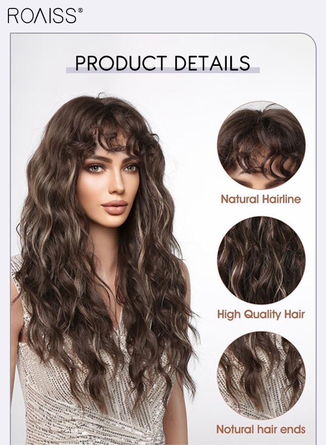 roaiss Brown Long Curly Hair Wig, Women's Middle Parting Natural Soft Synthetic Heat Resistant Hair Wig with Bangs for Wedding Cosplay Party Daily Wear, 61cm (24 inches) - Image 5