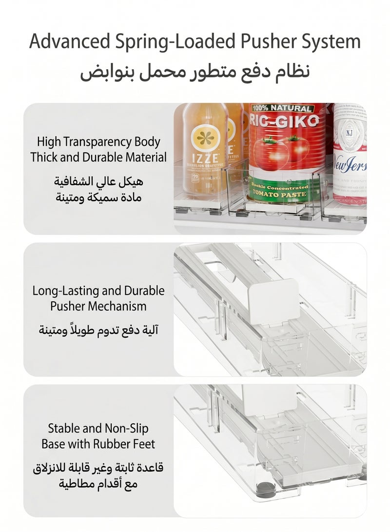 سيدارويف منظم مشروبات قابل للتوسيع للثلاجة (عبوة من قطعتين) مع زنبرك دافع | موزع علب صودا قابل لتعديل العرض للثلاجة وخزانة المؤن وسطح العمل | حامل زجاجات مياه شفاف من مادة PET ومنظم علب طعام - Image 3