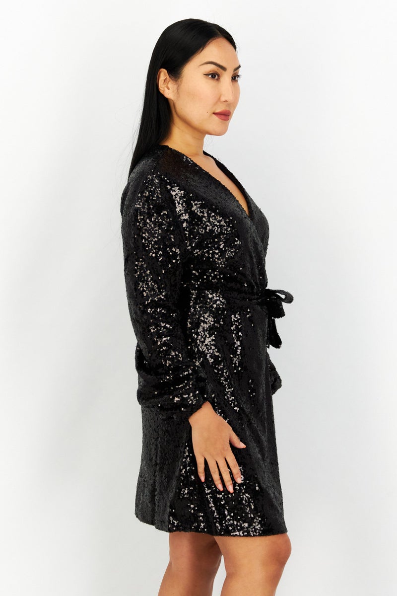 NA-KD Monica Geuze x NA-KD Women Sequins Belted Mini Dress, Black - Image 2