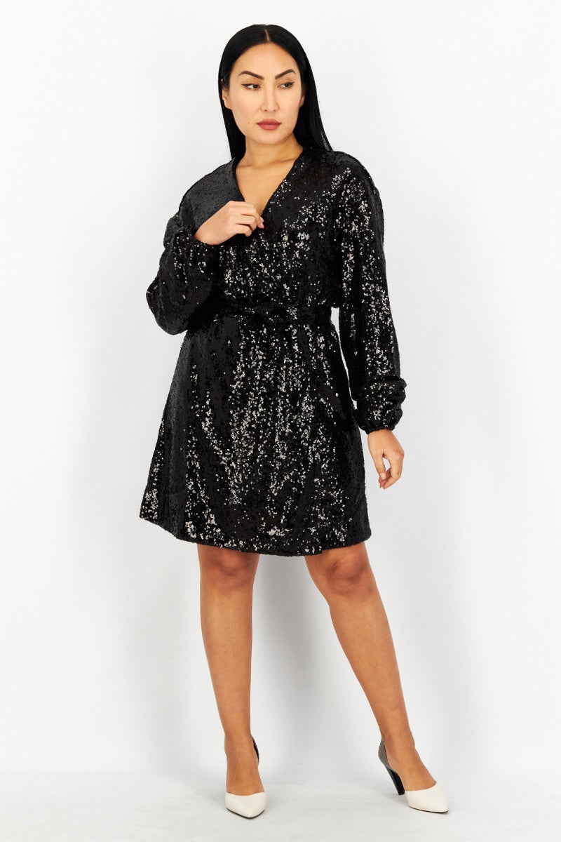 NA-KD Monica Geuze x NA-KD Women Sequins Belted Mini Dress, Black - Image 2