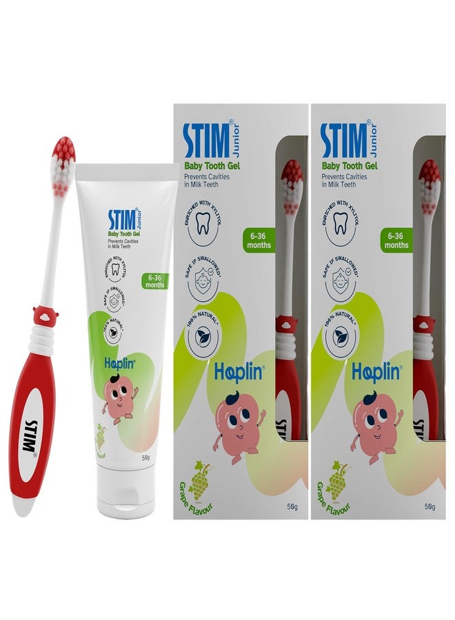 STIM معجون أسنان ستيم جونيور للأطفال | آمن للبلع | من 6 إلى 36 شهرًا | بنكهة العنب | معجون تدريب خالٍ من الفلورايد وكبريتات لوريل الصوديوم | مُدعّم بالزيليتول وفيتامين هـ | للأسنان اللبنية (عبوة مُدمجة مع فرشاة أسنان) (عبوة من قطعتين) - Image 1