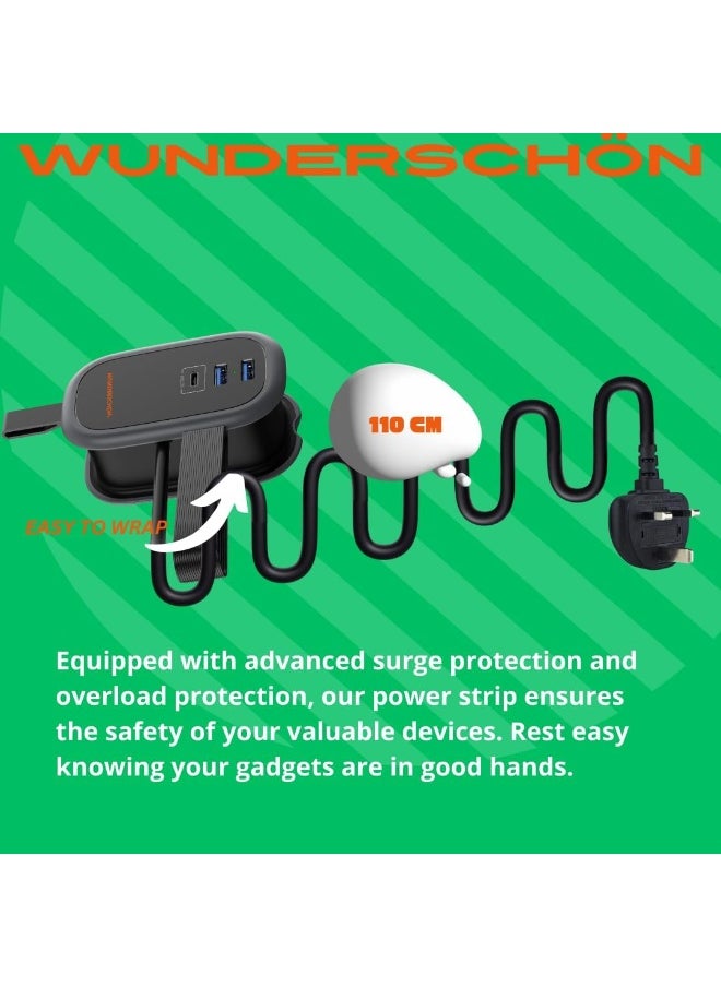 WUNDERSCHÖN - Compact Power Strip UK Outlets and Plug Power Extension 120 CM Cable Length Charging Ports USB Type A   USB Type C   Fire Resistant Surge Protection - Image 1