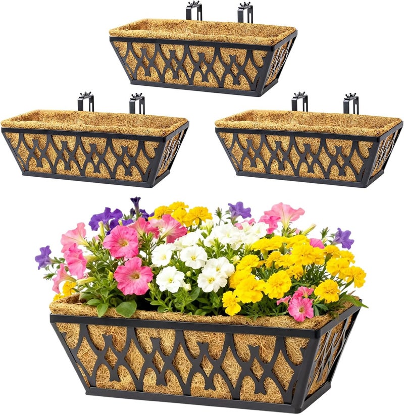 Karlliu 4 Pack 16 Inch Window Boxes Planters Railing Planter Box with Adjustable Brackets for Porch Fence Patio Balcony Hanging Flower Baskets with Coco Liners for Outdoor Garden Decor - Black - Image 1