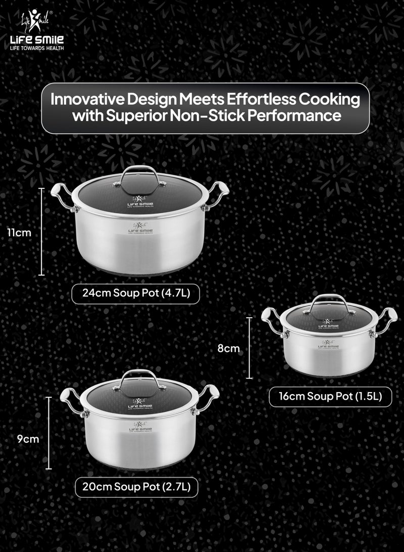 Life Smile طقم أواني الطهي الفولاذية المقاوم للصدأ الهجين من لايف سمايل – 6 قطع | نمط متداخل غير لاصق | متوافق مع الحث | داخلية من الفولاذ المقاوم للصدأ 304 | أواني ومقلاة بأحجام متعددة - Image 3