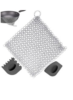 3 Pcs Cast Iron Cleaner Set Chainmail Scrubber with Durable Plastic Pan Grill Scrapers, 6.7 x 6.7 inch Cast Iron Cleaning Kit for Skillets, Griddles, Pans or Woks