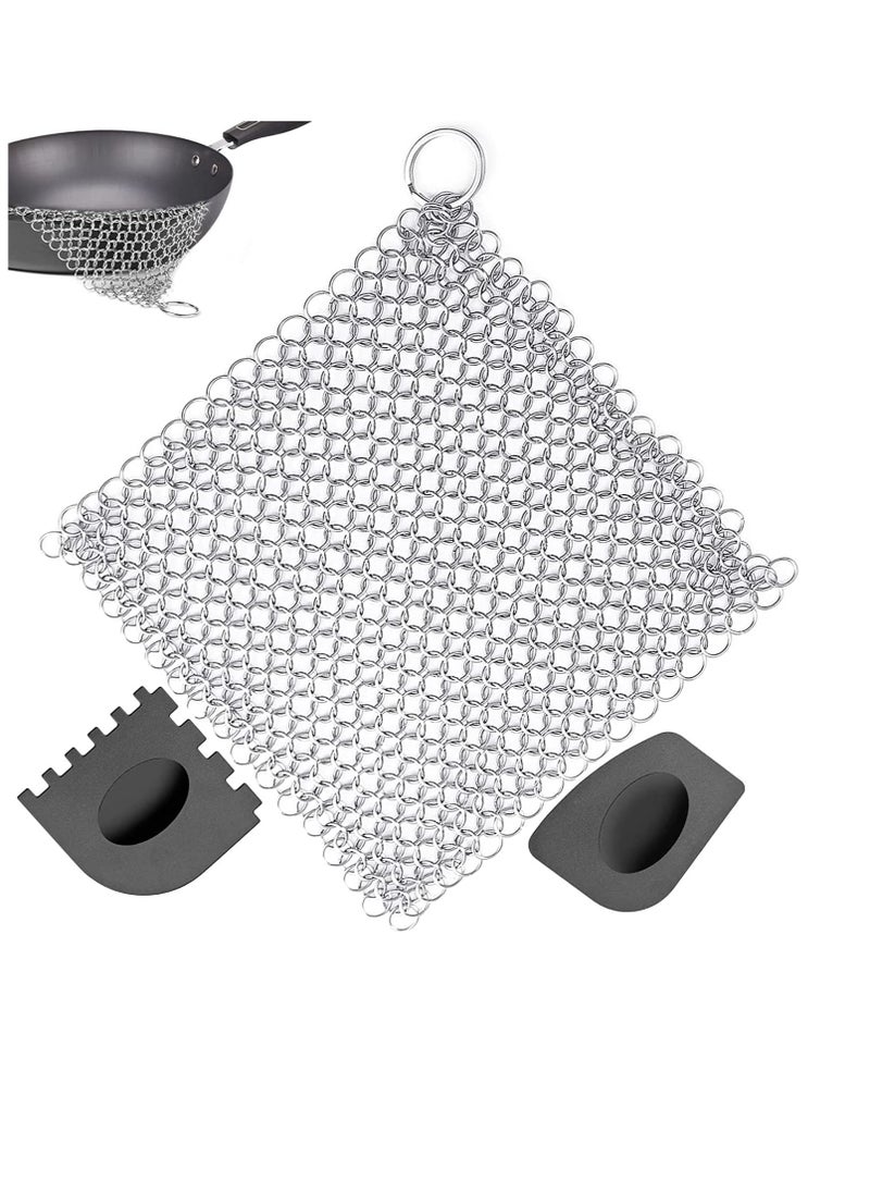 Excefore - 3 Pcs Cast Iron Cleaner Set Chainmail Scrubber with Durable Plastic Pan Grill Scrapers, 6.7 x 6.7 inch Cast Iron Cleaning Kit for Skillets, Griddles, Pans or Woks - Image 1