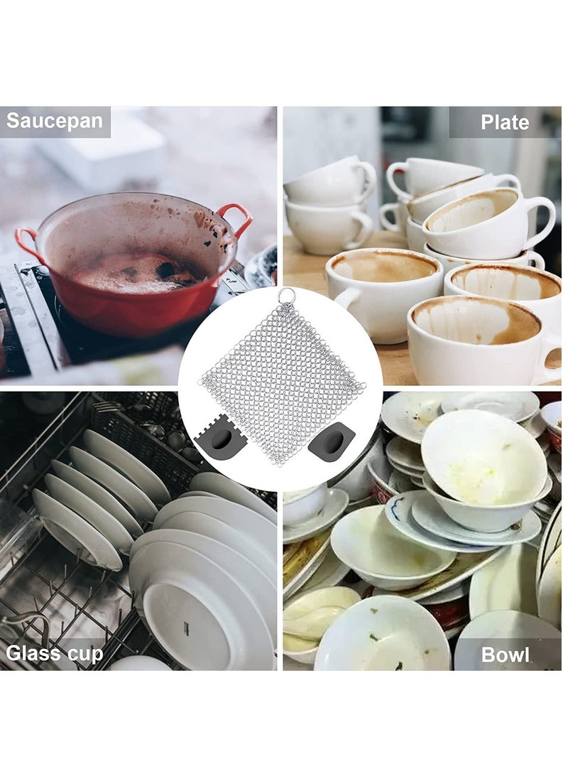 Excefore - 3 Pcs Cast Iron Cleaner Set Chainmail Scrubber with Durable Plastic Pan Grill Scrapers, 6.7 x 6.7 inch Cast Iron Cleaning Kit for Skillets, Griddles, Pans or Woks - Image 1