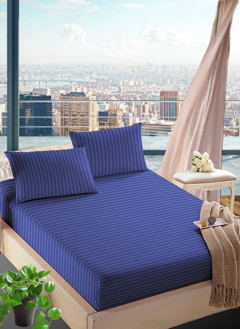 Blueberry - Navy Blue Cotton King Striped Fitted Elastic Bedsheet 200x200+20cm - Image 1