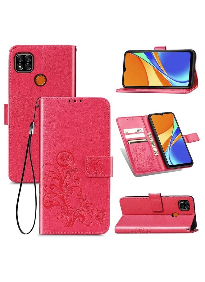 HuHa Case Cover For Xiaomi Redmi 9C Four-leaf Clasp Embossed Buckle Horizontal Flip TPU + PU Leather Case with Lanyard & Card Slot & Wallet & Holder Magenta 