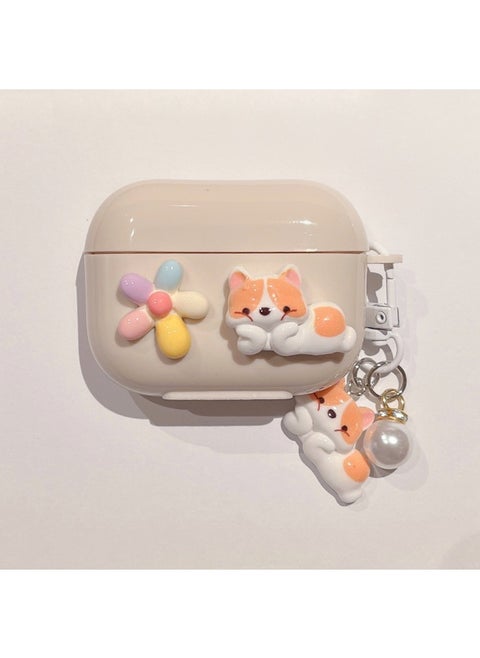 For AirPods 4 Headphone Set Cartoon Diy Doll Pendant Apple 1/2 Generation/pro2 Bluetooth Soft Case Bracelet-Color:Beige Soft Shell + Same Style Pendant - Dog Lying Down-Model:Airpods Pro (protective Case)