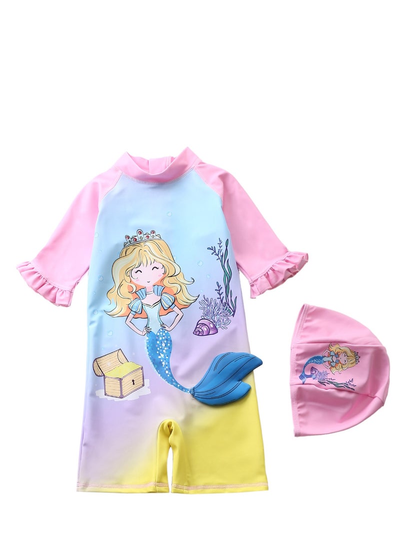 Generic Children's Mermaid Swimsuit， Long sleeved One Piece Sun Proof kids Swimwear With Swim Cap For Height 70-120cm Girls  - Image 1