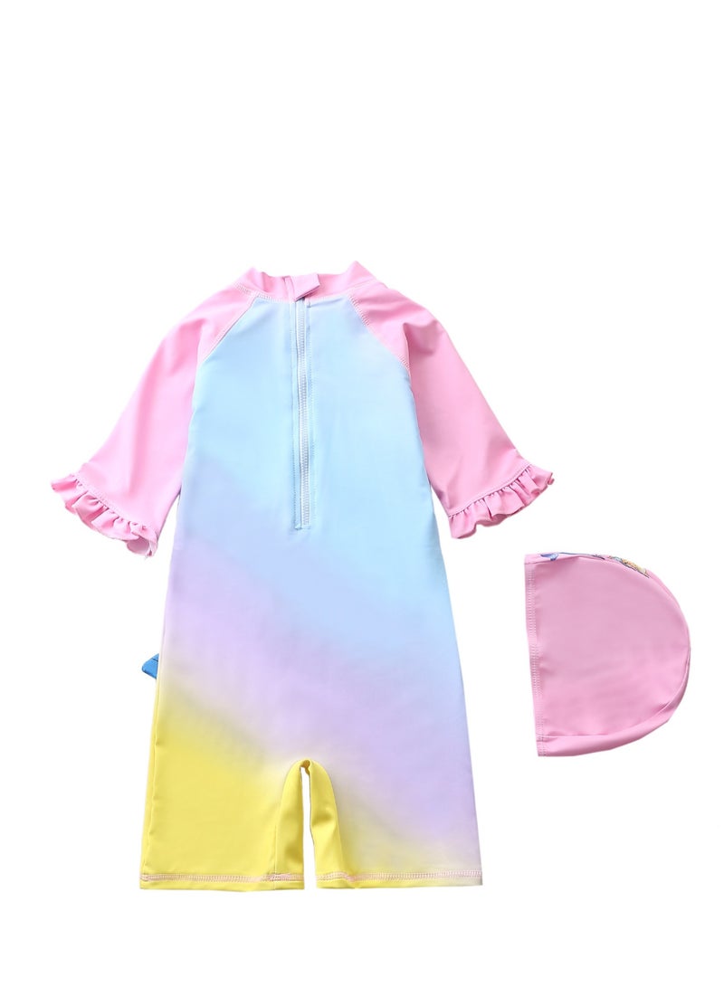 Generic Children's Mermaid Swimsuit， Long sleeved One Piece Sun Proof kids Swimwear With Swim Cap For Height 70-120cm Girls  - Image 2